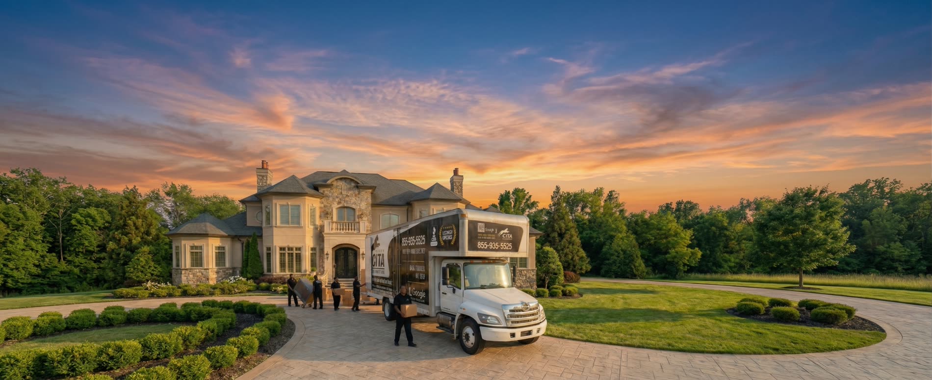 Cita Van Lines moving truck at an Arizona luxury home at sunset